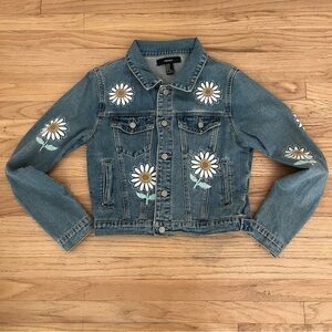 Forever 21 Blue Denim Jean Jacket with Floral Daisy Embroidery